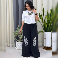 Butterfly printed crop tee and wide leg trouser set