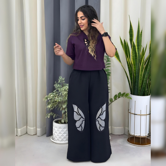 Butterfly printed crop tee and wide leg trouser set