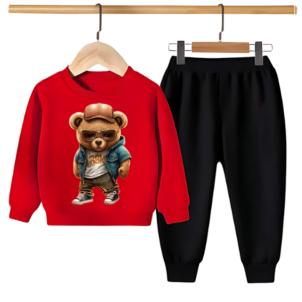 TEDDY BEAR IN CAP PRINTED SWEATSHIRT SET