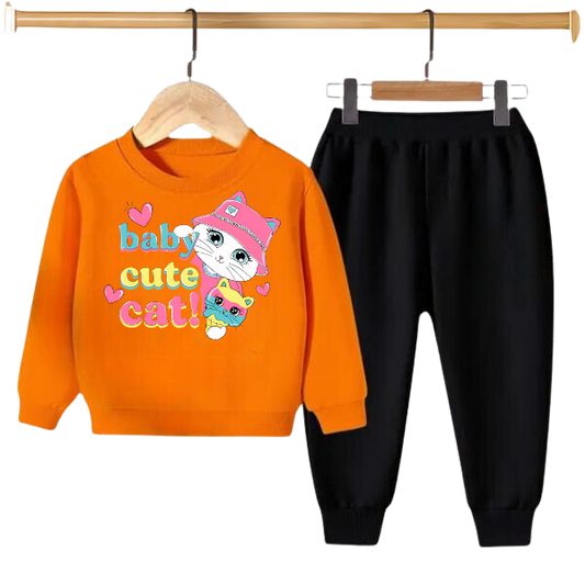 BABY CUTE CAT PRINTED SWEATSHIRT SET