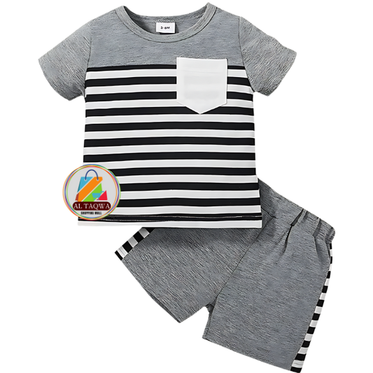 GREY & BLACK LINING PANEL SHORT SLEEVE SET KIDS WEAR