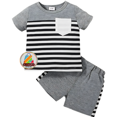 GREY & BLACK LINING PANEL SHORT SLEEVE SET KIDS WEAR