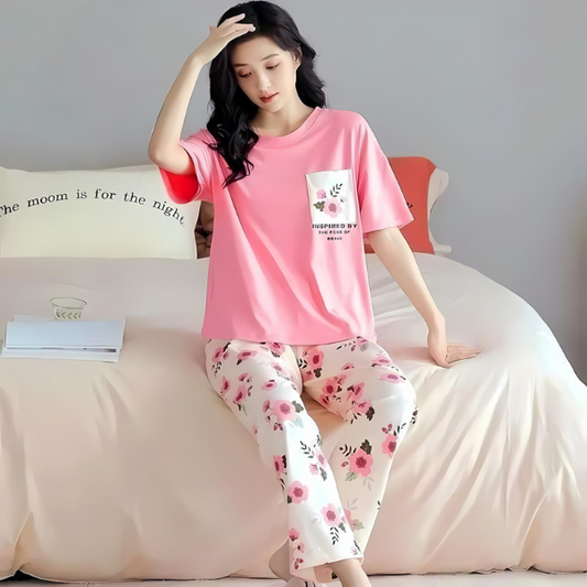 Pink shirt flower printed trouser pj set