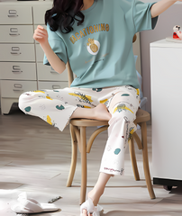 Sea Green Shirt & white printed trouser Woman Print PJ Set