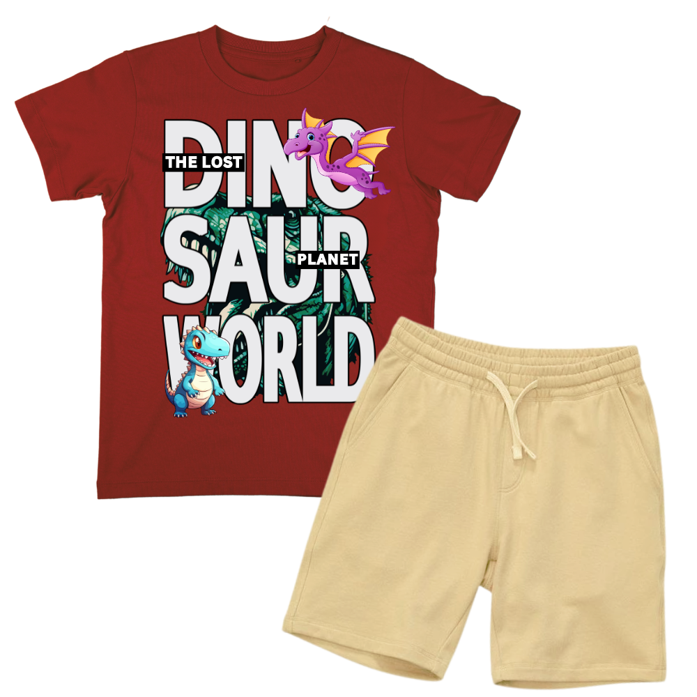 DINOSAUR WORLD MAROON SHIRT WITH BEIGE SHORT SET