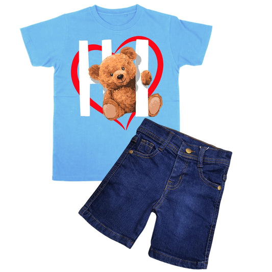 Hi! Teddy Bear Shirt with Light Blue Denim Short Set