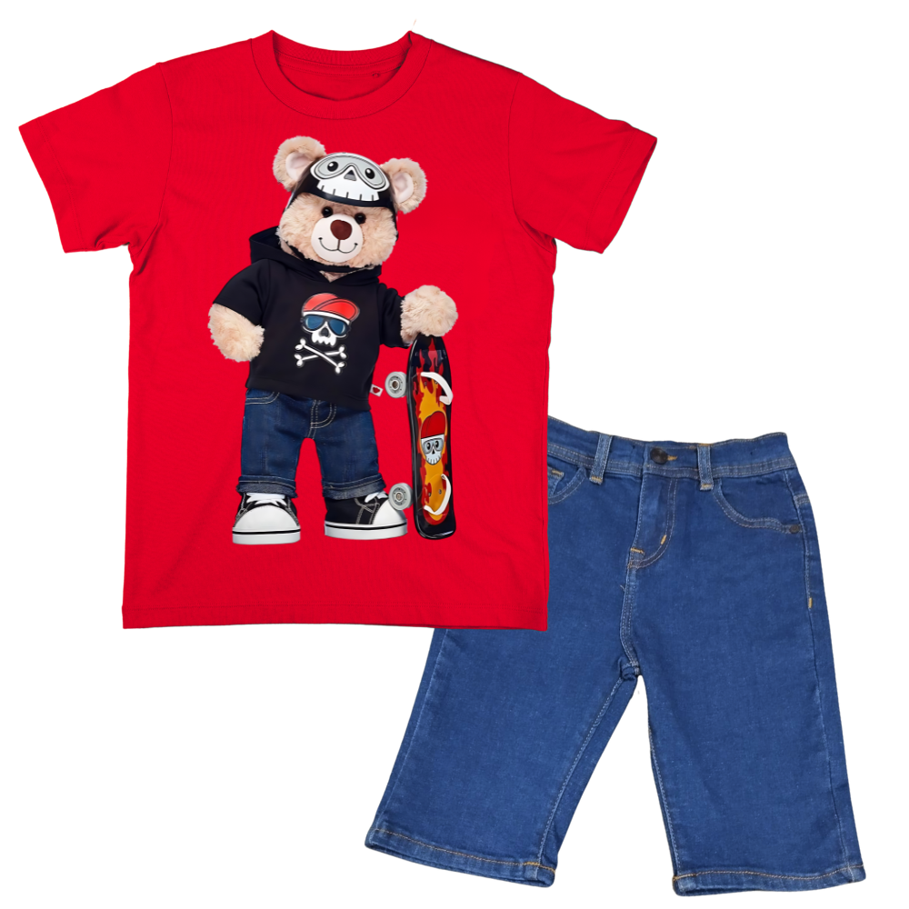 Teddy Bear skateboard Shirt with Blue Denim Short Set