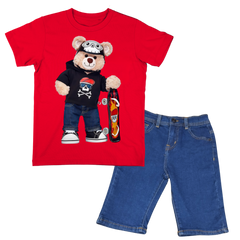 Teddy Bear skateboard Shirt with Blue Denim Short Set