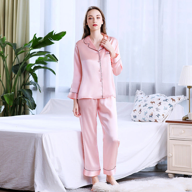 Baby Pink Silk Night Suit Turn Down Collar Long Sleeves