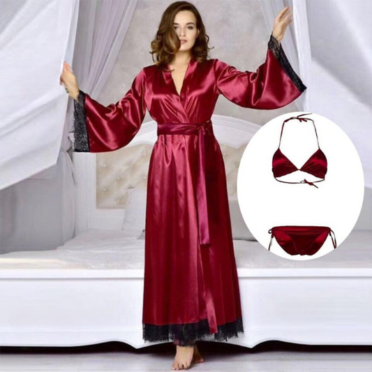 Women Red Silk Night Gown 3 piece