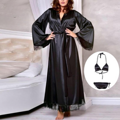 Women Black Silk Night Gown 3 piece