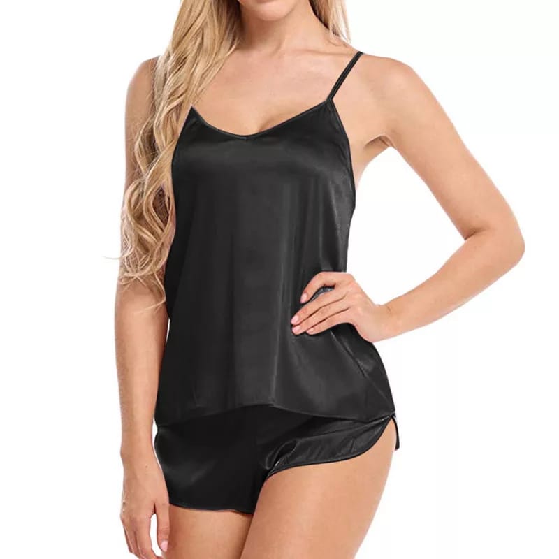 Black Women Sexy Satin Pajamas Sets Short Sling Top with Cami Shorts - AL TAQWA